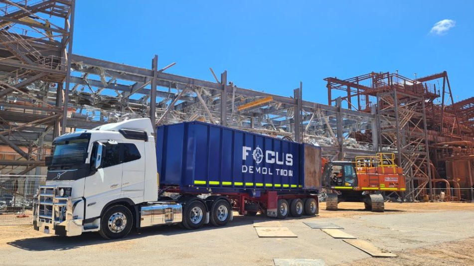 Focus demolition truck and machinery on site at Worsley mine site for demolition for outdated infrastructure